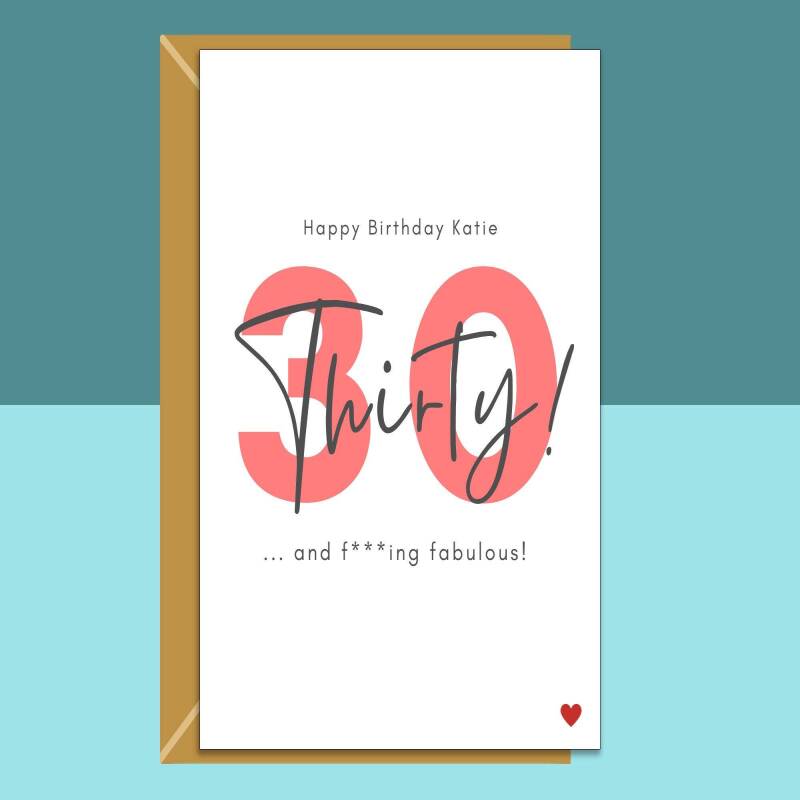 Funny 30th Birthday Card - Personalised - For Her or For Him - Perfect greetings card for a friend or someone else turning 30 years old. - Blank inside - Small