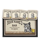 Personalised Cat Bar Runner Mat, Cat Sign & 4 x Drinks Coasters Gift Set Garden Bar Sets / Custom Beer Mats Home Bar, personalised bar mat