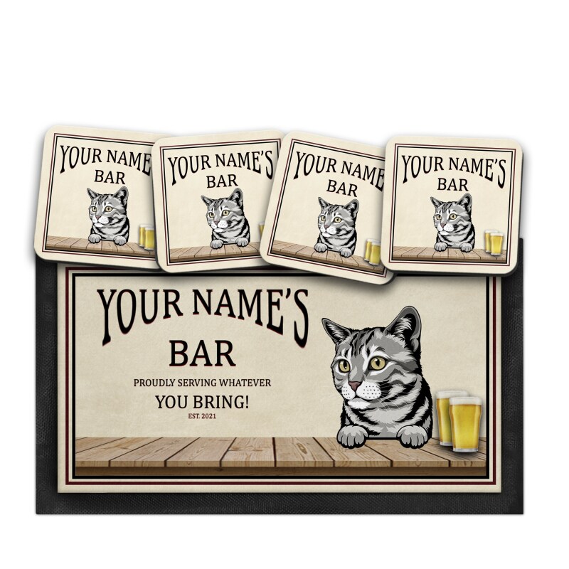 Personalised Cat Bar Runner Mat, Cat Sign & 4 x Drinks Coasters Gift Set Garden Bar Sets / Custom Beer Mats Home Bar, personalised bar mat - Set of 4 Coasters