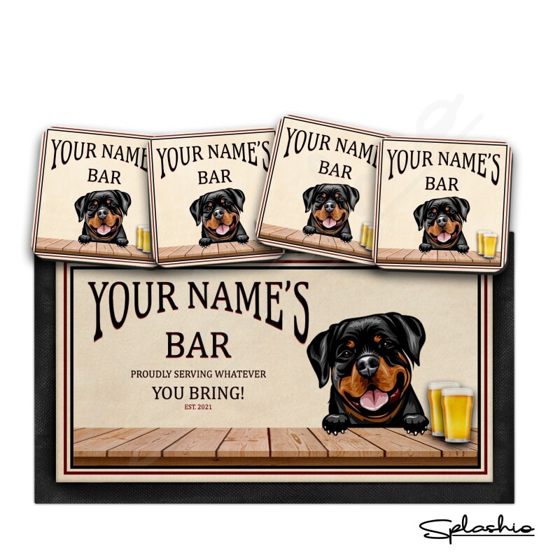 Personalised Dog Bar Runner Mat, Dog Sign & 4 x Drinks Coasters Gift Set Garden Bar Sets / Custom Beer Mats Home Bar, personalised bar mat - Set of 4 Coasters