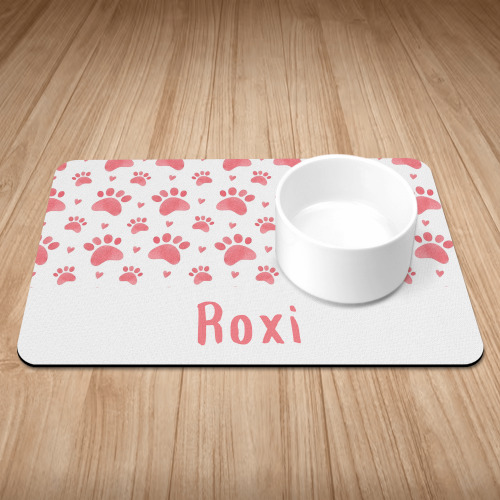 Personalised Pink Paw Prints & Hearts Puppy/Dog Bowl Mat