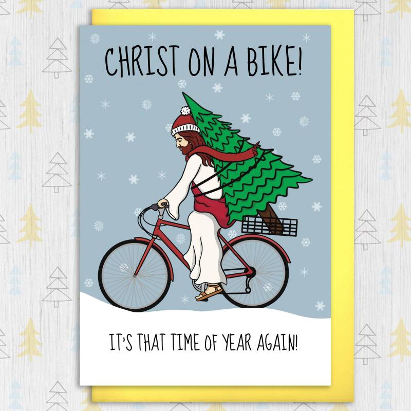 Christ on a Bike funny, rude, offensive, anti-religious, blasphemous Christmas, festive, holidays, Xmas card (Size A6/A5/A4/Square 6x6") - A6: Single card