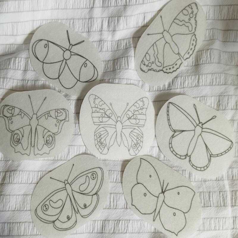 English Butterfly Stick and Stitch Washable Transfers, Peacock, Red Admiral, Orange Tip, Meadow Brown,  Common Blue, Painted Lady, Brimstone