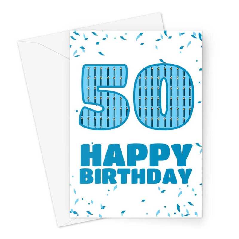 50th Happy Birthday Card - Blue Confetti - A5 Portrait - 1 Card