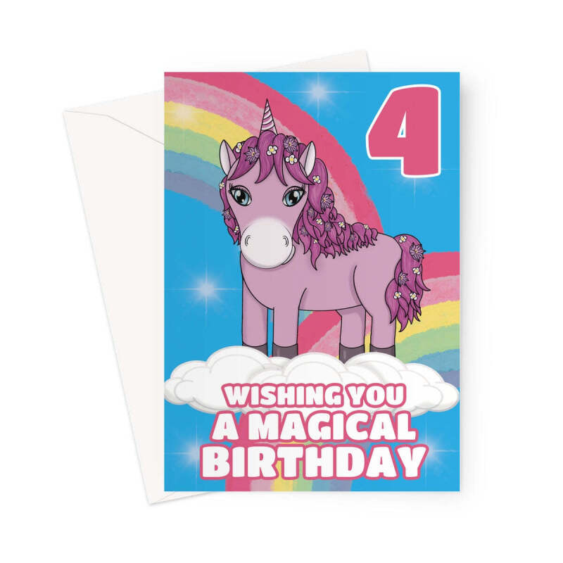 Magical Unicorn 4th Birthday Card - A5 Portrait - 1 Card