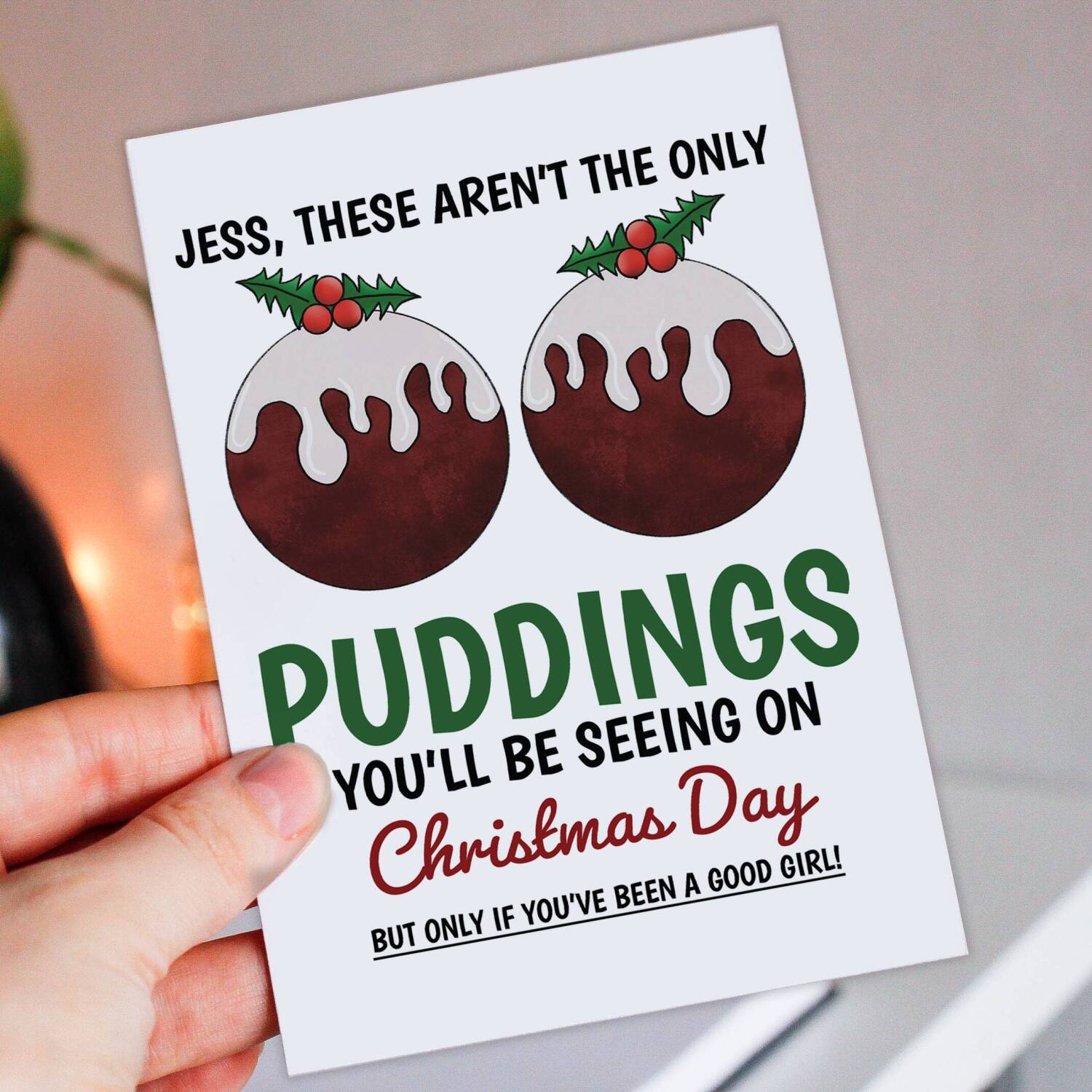 These aren't the only Christmas puddings you'll be seeing personalised naughty, rude, breasts, boobs card for husband, male (Size A6/A5/A4) - A6: Single card