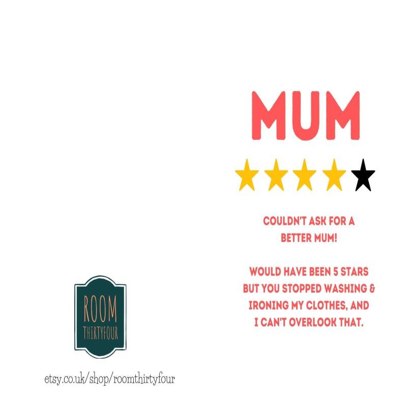 Funny Mother's Day Card - 4 Stars - Washing & Ironing - Sarcastic Mothers day UK