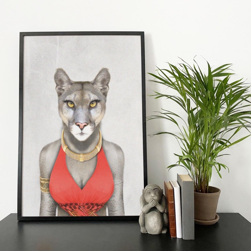 Cougar in clothes, animal print, wall art - A5 - Glossy - Green