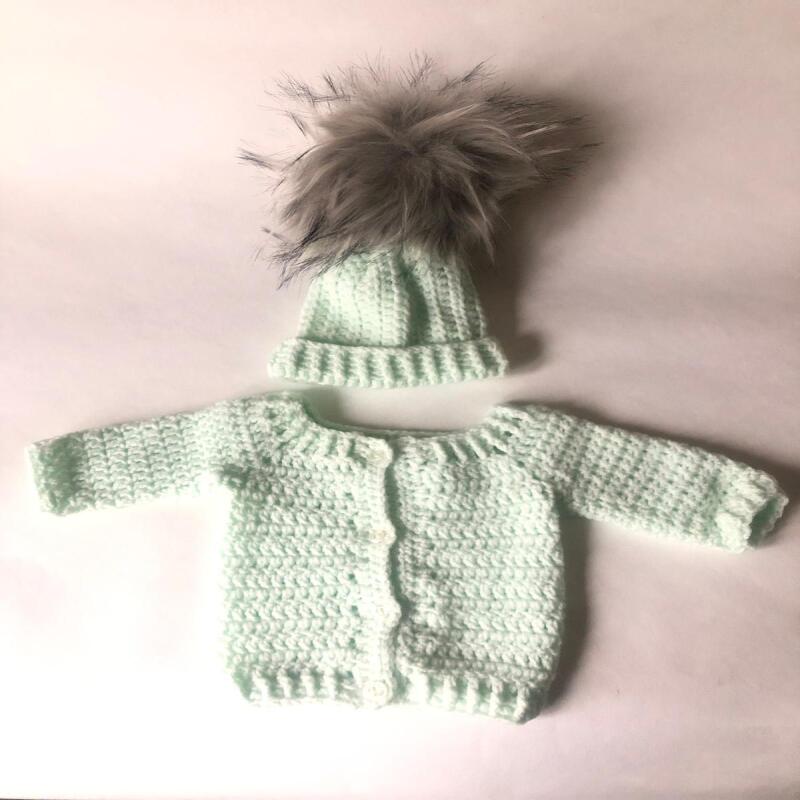 Mint green baby hat and cardigan set (tiny baby)