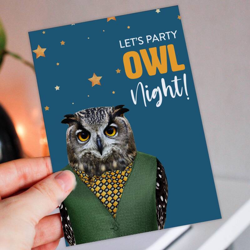 Let's party owl night! Funny owl, bird in clothes birthday card for friend, family, child, adult (Animalyser) (Size A6/A5/A4/Square 6x6") - A6: Single card