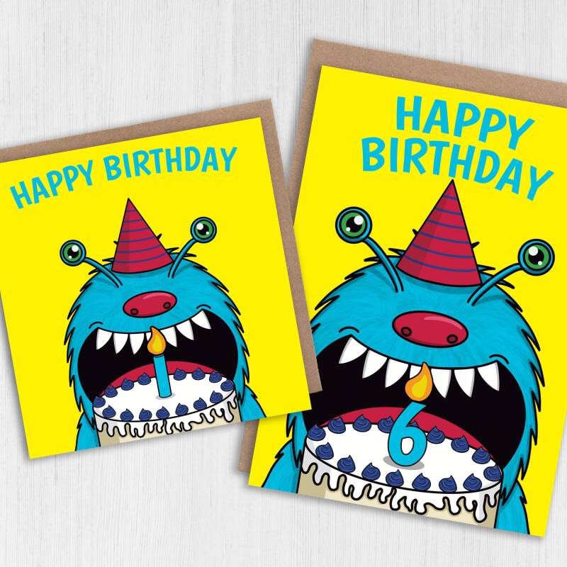 Monster cake 1st, 2nd, 3rd, 4th, 5th, 6th birthday card for children, child, boy, girl, kids, son, daughter (Size A6/A5/A4/Square 6x6") - A6: Single card