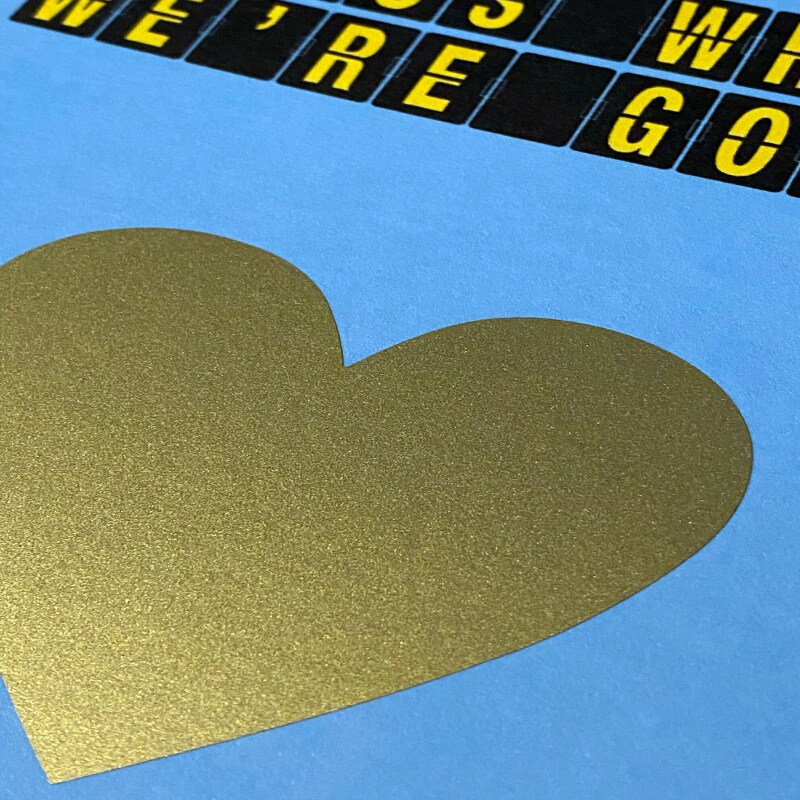 Scratch off and reveal card: Holiday, vacation, surprise destination in a choice of colours, any destination, airport departure board design - Blue - Gold