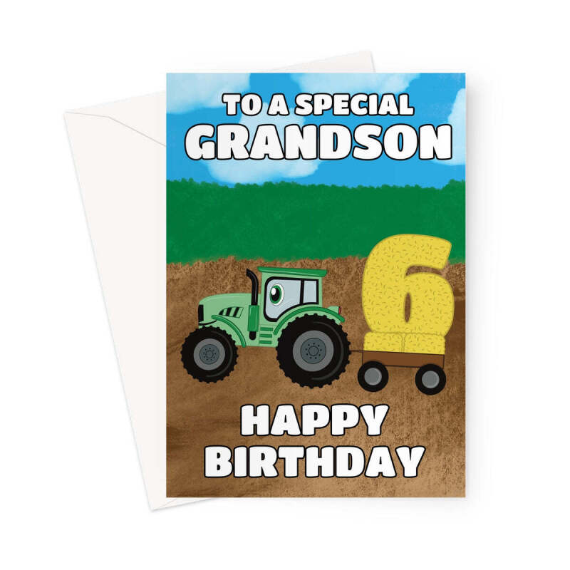 Grandson 6th Birthday Card Farm Tractor - A5 Portrait - 1 Card