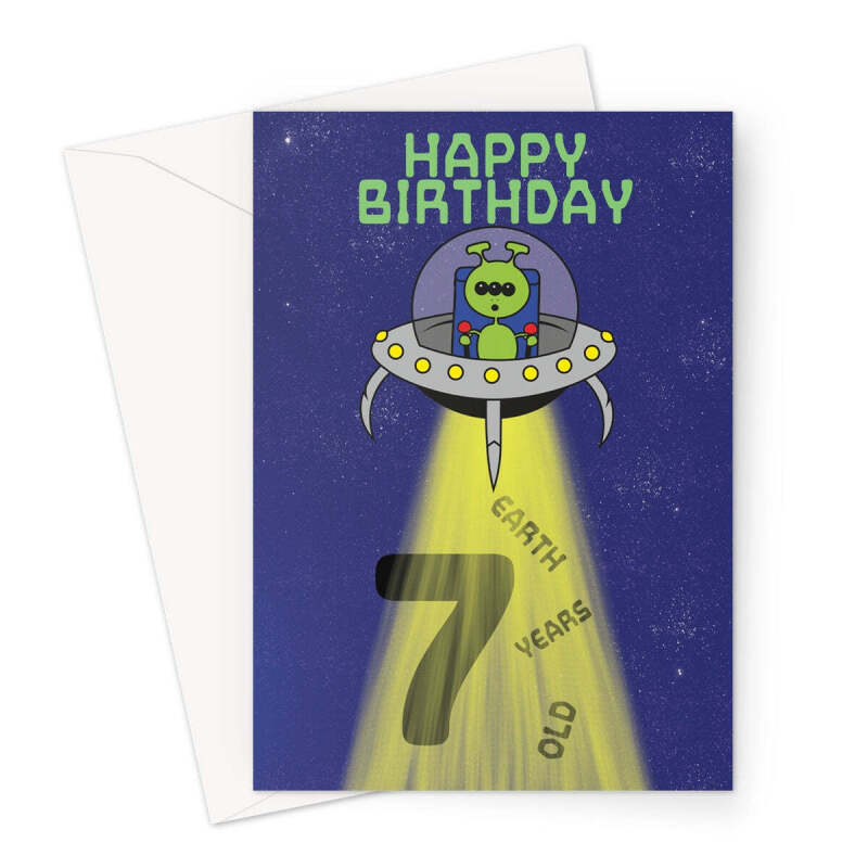 Age 7 Boys Alien Birthday Card - A5 Portrait - 1 Card