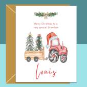 Grandson Tractor Christmas Card - Personalised - Custom Xmas Card for Gran son - Santa and Tractors