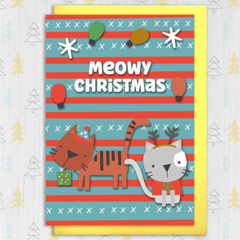 Meowy Christmas funny, cute cat, kitten, feline, pet, cat lady, cat owner Christmas, holidays, festive card (Size A6/A5/A4/Square 6x6") - A6: Single card