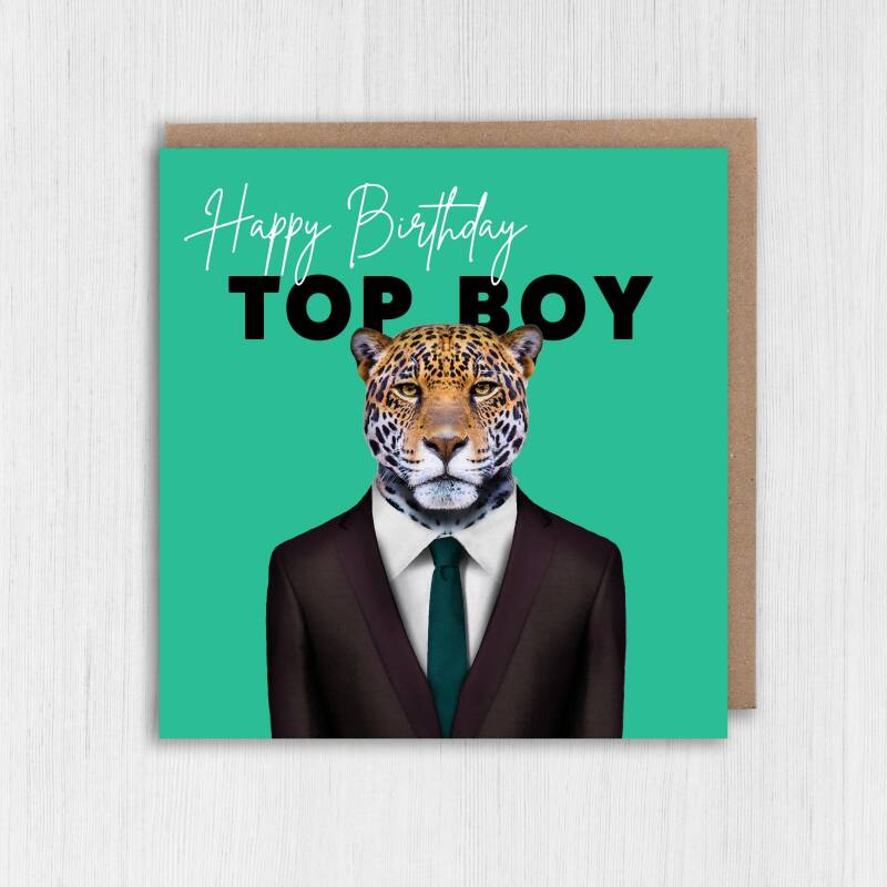 Happy Birthday Top Boy Jaguar animal in clothes card for boyfriend, husband, male, brother (Animalyser) Size A6/A5/A4/Square - A6: Single card