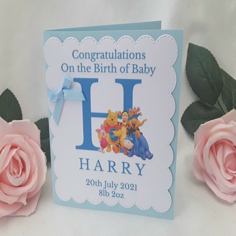 2 Sizes Personalised Winnie Pooh New Baby Boy Card, Winnie New Baby Boy Card - 5" x 5" - Blue