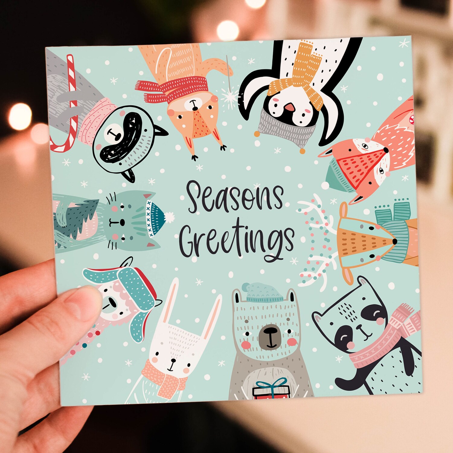 Seasons Greetings cute woodland animals Christmas, Holidays, Xmas, festive card for friends, mates, neighbours (Size A6/A5/A4/Square 6x6") - A6: Single card