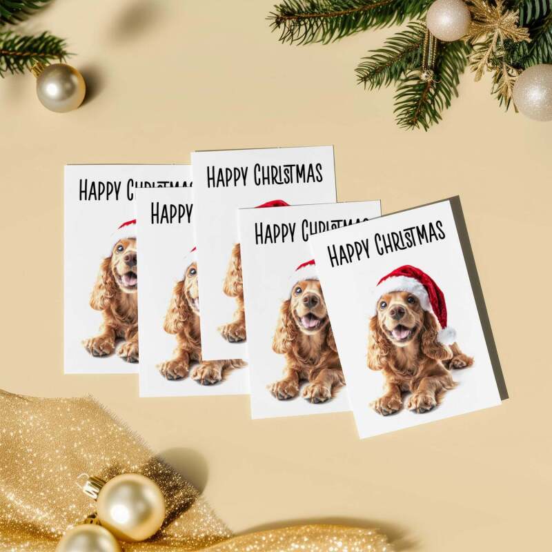 5 x Fun Christmas Card of a Red Cocker Spaniel Dog Wearing A Santa Hat Whimsical Christmas Card For Animal Lover For Him or Her - Small (4x6) / Pack of 5