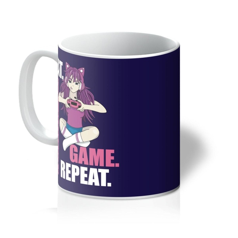 Gamer Girl Mug, Eat Sleep Game Repeat - 11oz - White