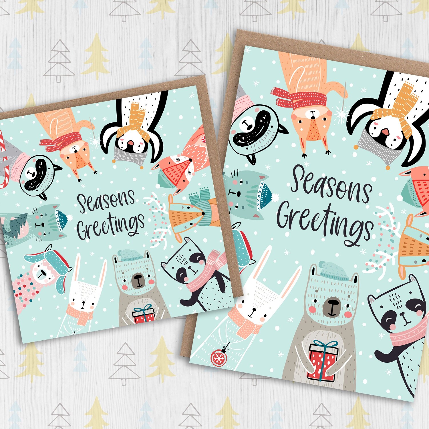 Seasons Greetings cute woodland animals Christmas, Holidays, Xmas, festive card for friends, mates, neighbours (Size A6/A5/A4/Square 6x6") - A6: Single card