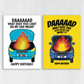 Funny car problems, car on fire, mechanic Dad birthday card from daughter or son: What does this light on my car mean? Size A6/A5/A4/Square