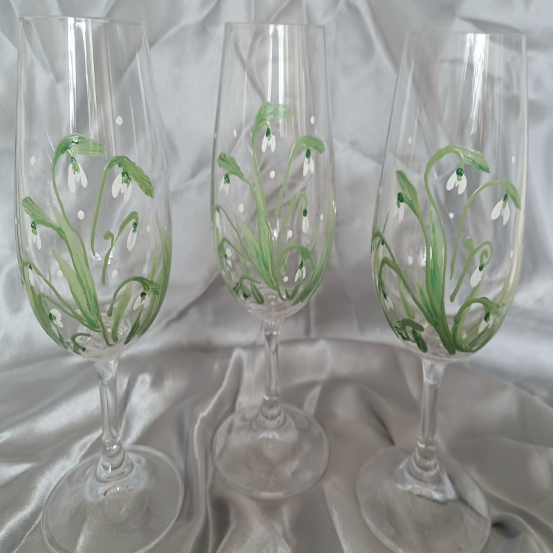 Hand Painted Snowdrop Port or Small Wine Glasses