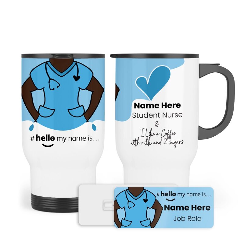 Hello My Name is Badge & Travel Mug -Name Badge, Nurse Badge Scrubs Name Badge, Perfect NHS Name Badge. Personalised Nurse Mug + Name Badge - Travel Mug Only - Skin Tone 1