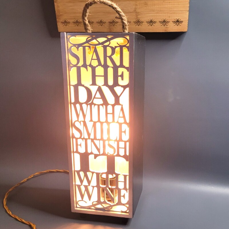 Wooden Wine box with Quote Lamp - Wine Quote "Start the day with a Smile, Finish it with Wine"