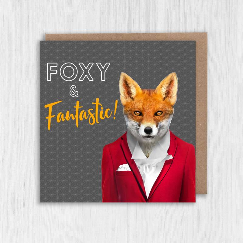 Foxy and fantastic cute fox, animal in clothes Valentine’s Day card for wife, husband, partner (Animalyser) (Size A6/A5/A4/Square 6x6") - A6: Single card