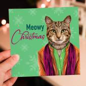 Meowy, Merry Christmas cute cat in clothes, kitten, feline Christmas, Holidays, Xmas, festive card (Animalyser) (Size A6/A5/A4/Square 6x6")