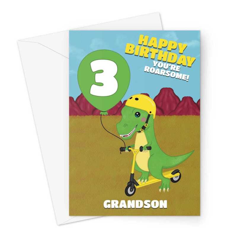 Dinosaur Scooter Grandson 3rd Birthday Card - A5 Portrait - 1 Card