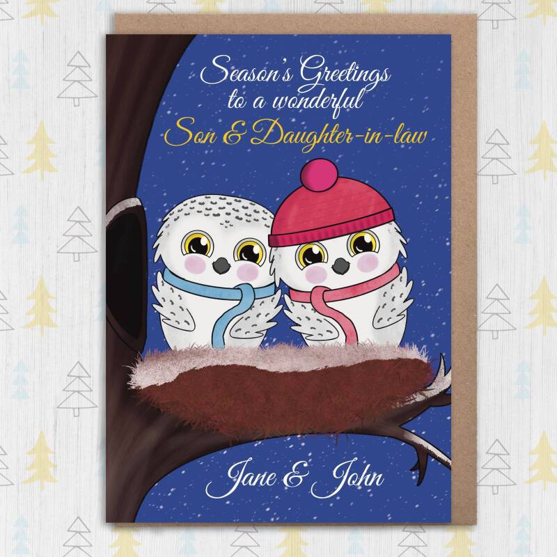 Season's Greetings to a wonderful couple personalised owls Christmas, Holidays, Xmas, festive card for couple, in-laws (Size A6/A5/A4) - A6: Single card