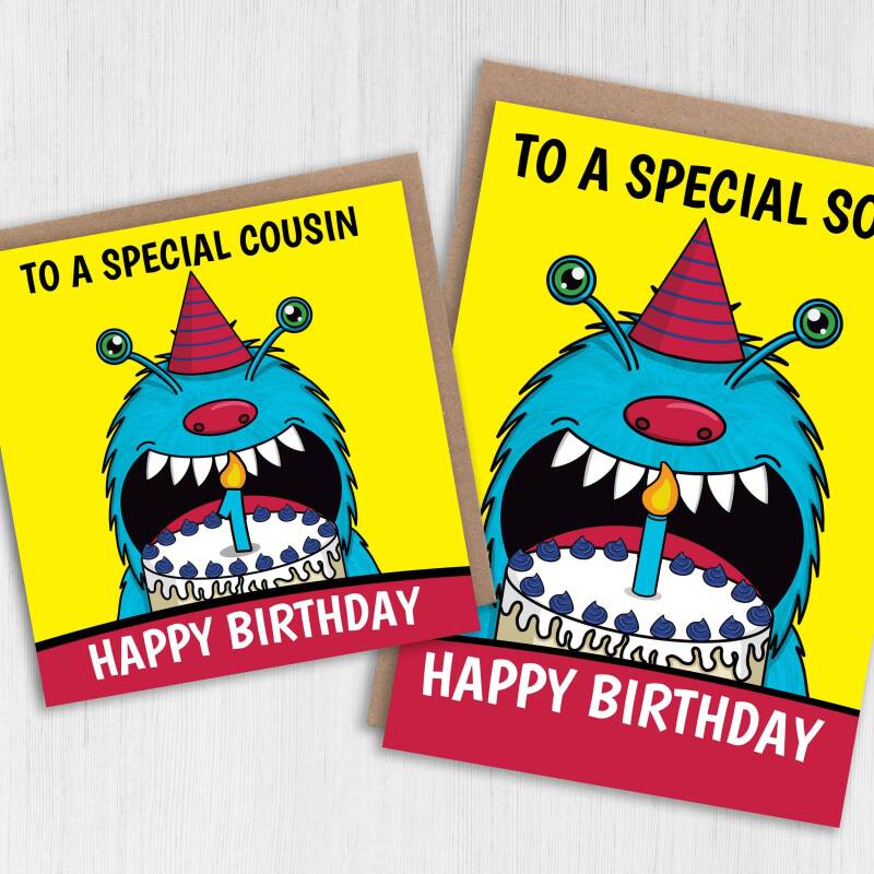 Monster cake birthday card personalised with relation age for children, child, boy, girl, relation, ages 1-6 (Size A6/A5/A4/Square 6x6") - A6: Single card