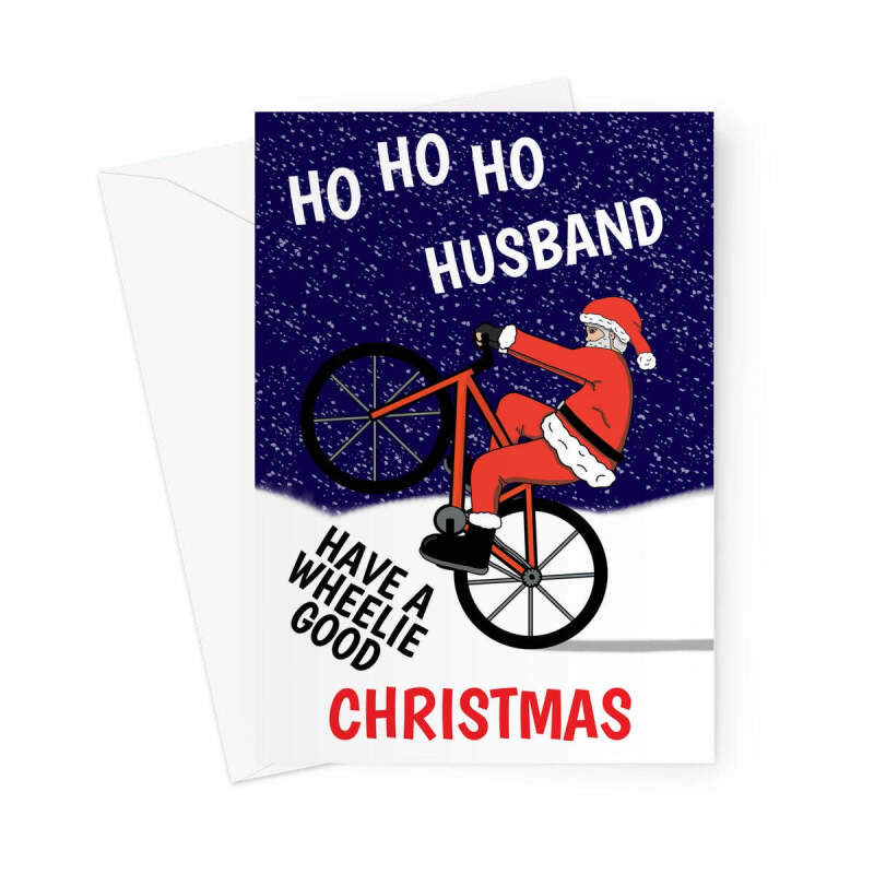 Husband Christmas Card - Wheelie Bike Santa - A5 Portrait - 1 Card