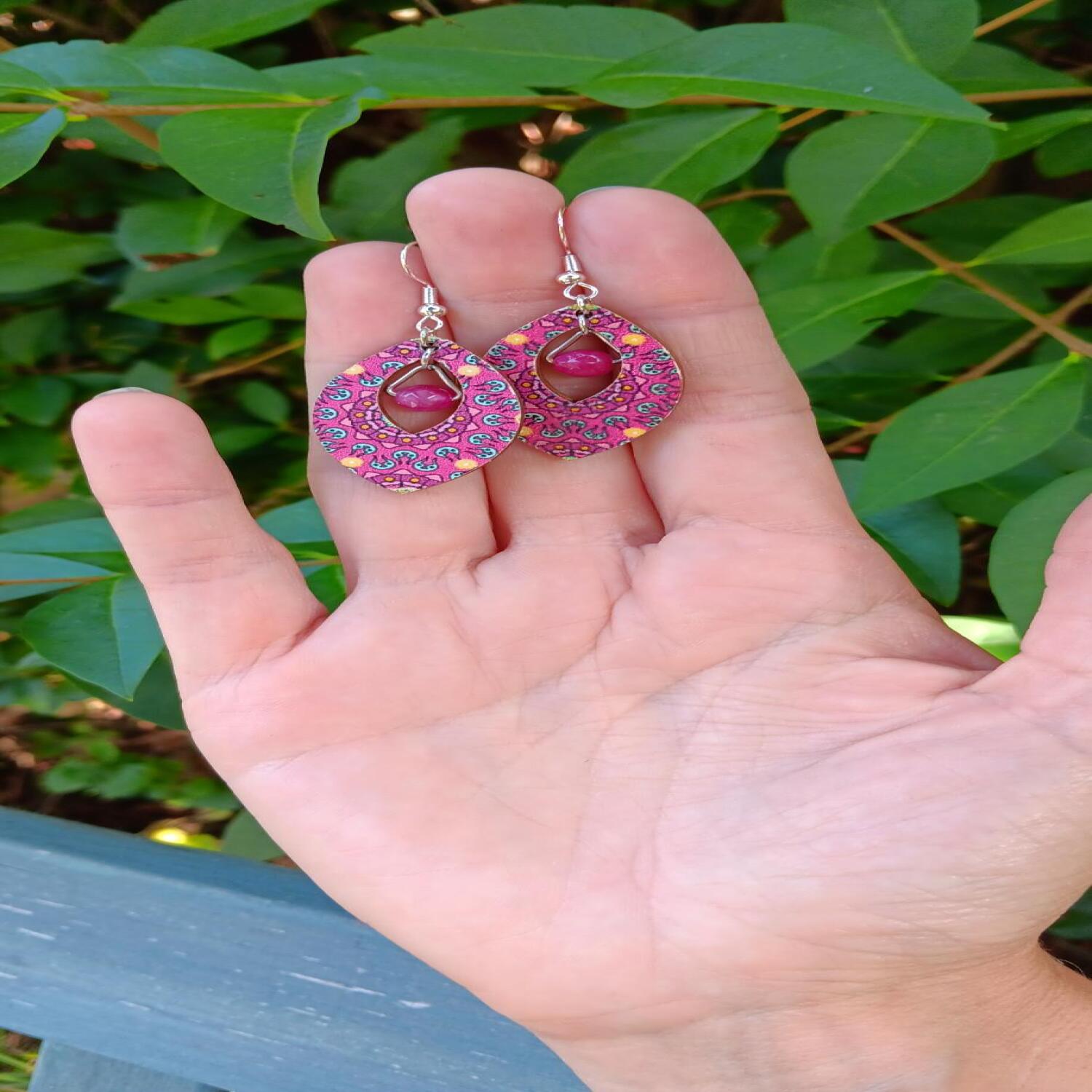 Pink Jade and Wood charm Earrings