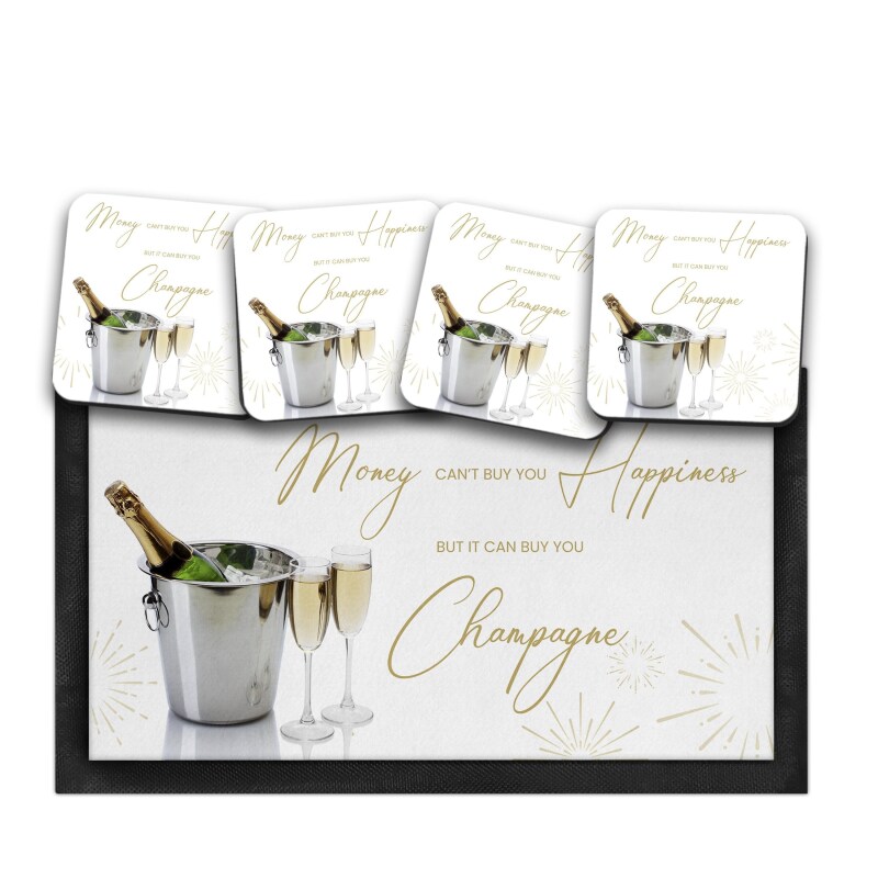 Champagne Bar Runner Mat, Custom Beer Mats & 4 x Drinks Coasters Gift Set Garden Bar Sets/ Personalised Mats Home Bar Family Name Bar Mat - Set of 4 Coasters