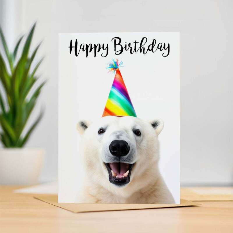 Birthday Card For Him or Her Fun Birthday Card of A Polar Bear Happy Birthday Card For Mum, Dad, Sister Brother - Small (4x6) / Blank Message