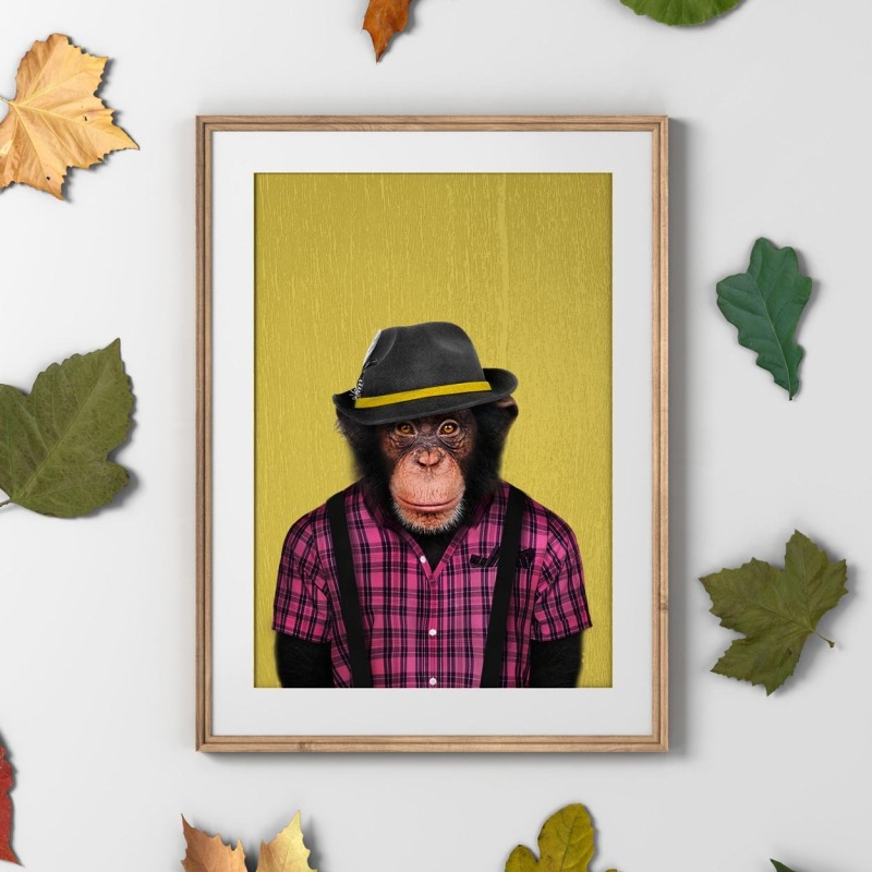 Monkey in clothes, animal print, wall art - A5 - Glossy - Blue