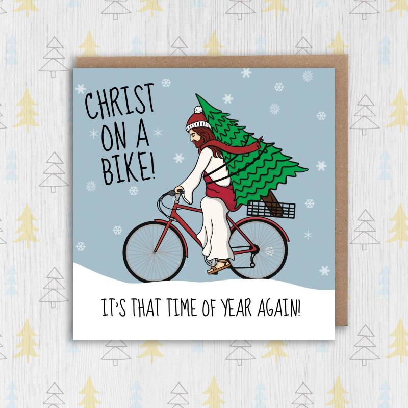 Christ on a Bike funny, rude, offensive, anti-religious, blasphemous Christmas, festive, holidays, Xmas card (Size A6/A5/A4/Square 6x6") - A6: Single card