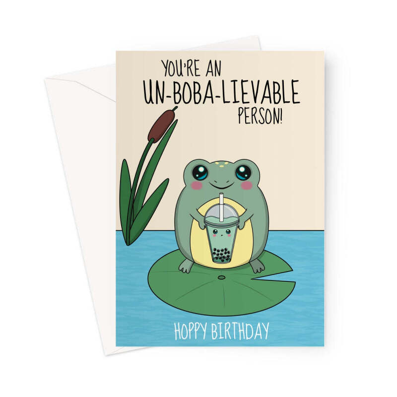 Cute Frog Boba Tea Birthday Card - A5 Portrait - 1 Card