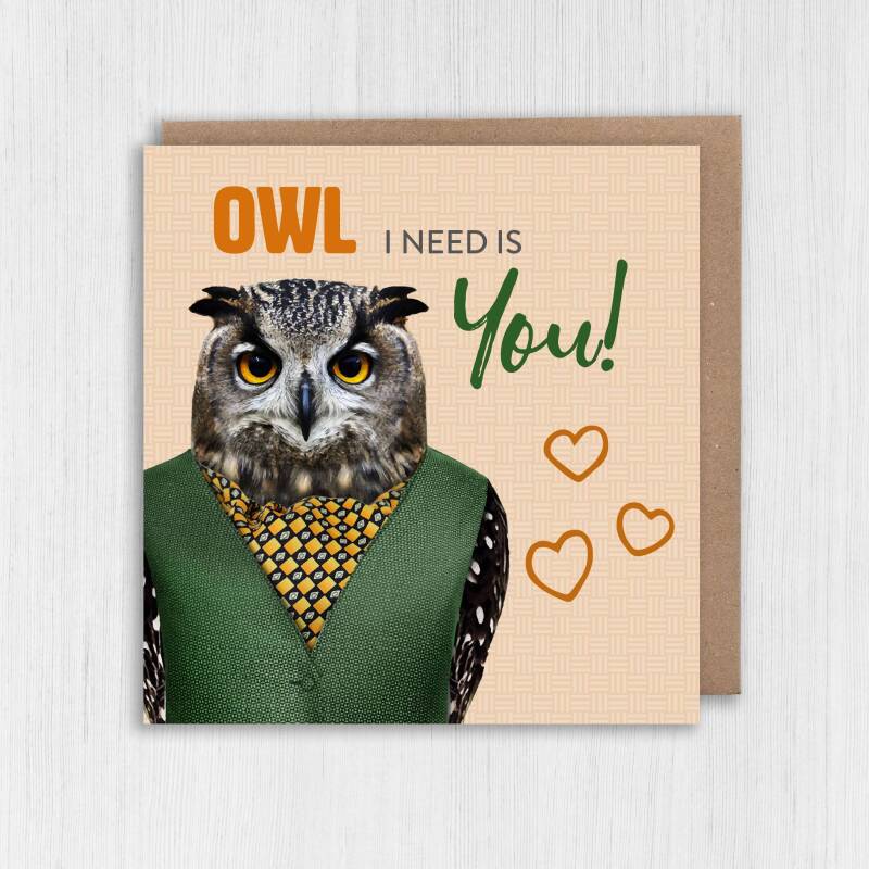 Owl, all I need is you bird in clothes anniversary card for wife, husband, girlfriend, boyfriend (Animalyser) (Size A6/A5/A4/Square 6x6") - A6: Single card