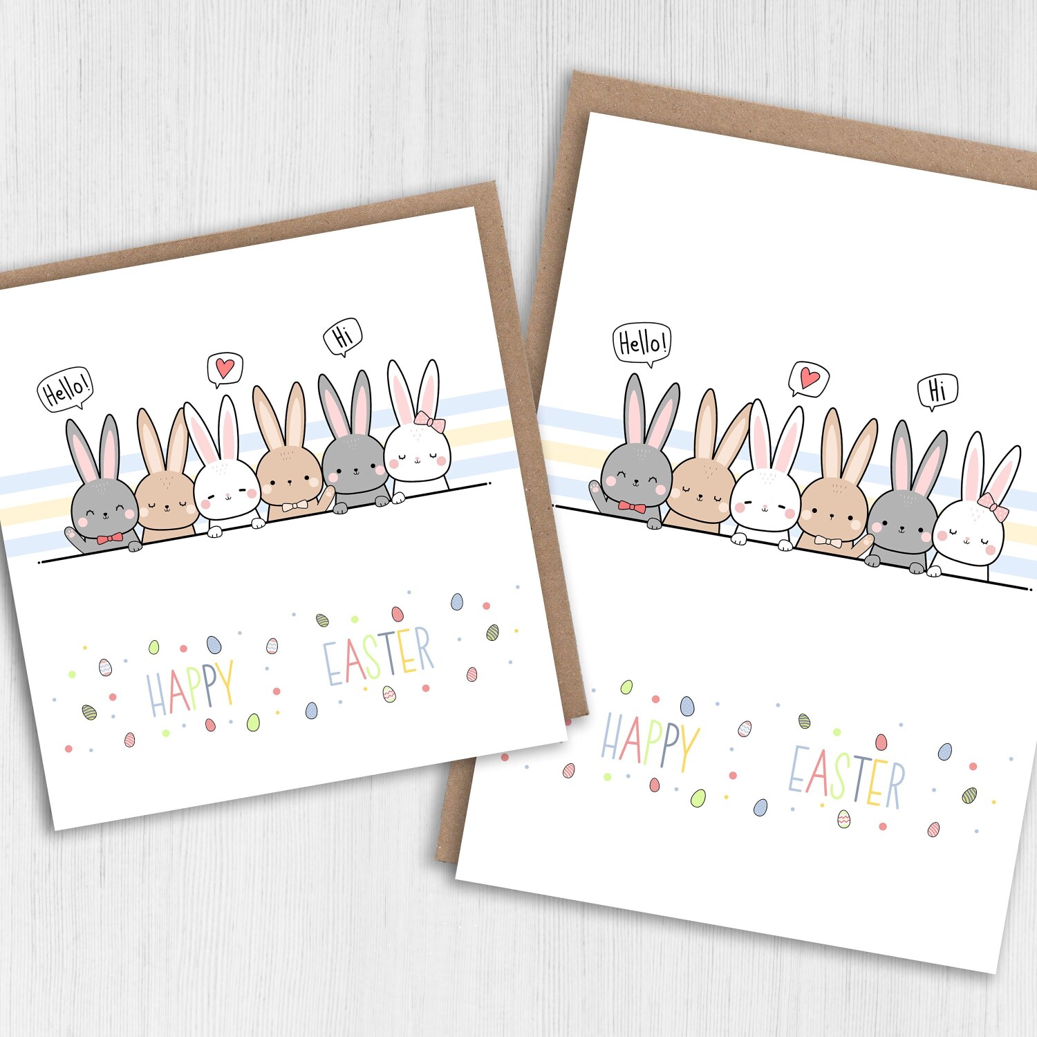 Bunny rabbits and colourful eggs Happy Easter Sunday cute card for any age, adults and children (Size A6/A5/A4/Square 6x6") - A6: Single card