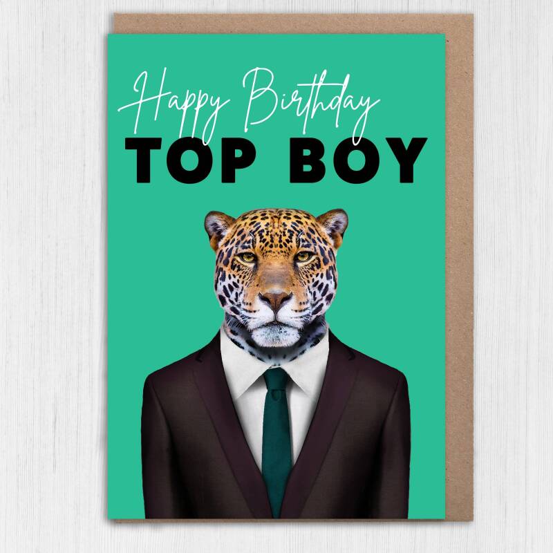 Happy Birthday Top Boy Jaguar animal in clothes card for boyfriend, husband, male, brother (Animalyser) Size A6/A5/A4/Square - A6: Single card