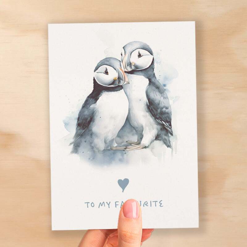 Anniversary or Valentine's Card for Her or Him Anniversary Card for Wife Valentines Day Card For Husband Boyfriend or Girlfriend Puffin Card - Small (4x6) / Blank Message