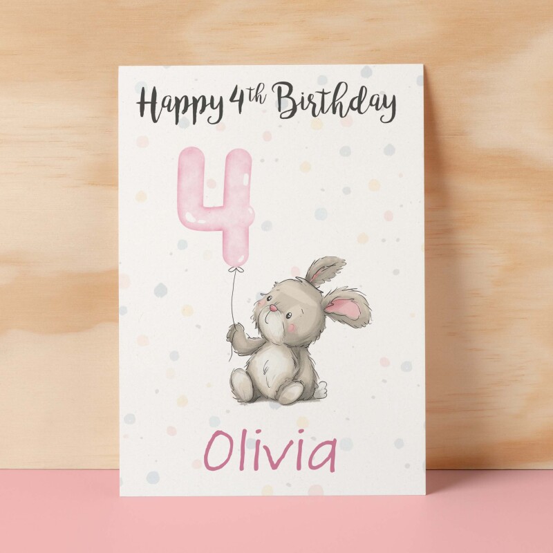 Personalised 1st, 2nd, 3rd, 4th, 5th Birthday Card for Daughter, Granddaughter, Niece, Goddaughter Girls Bunny Rabbit Card - 1 - One - Blank Message