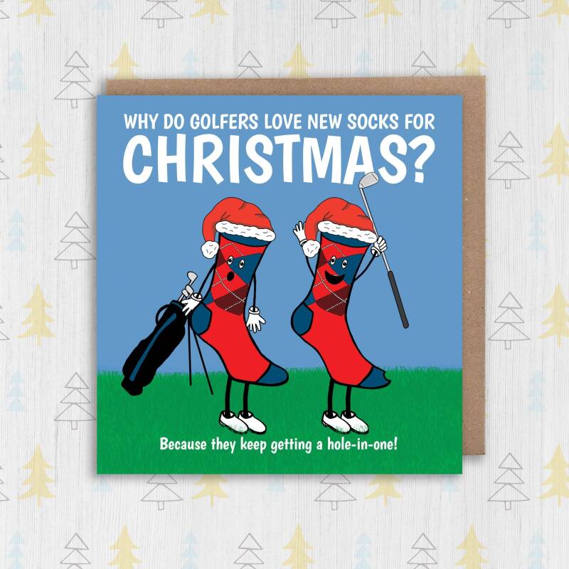 Funny golf-themed, socks Christmas card for golfer, golf enthusiast: Why do golfers love new socks for Christmas (Size A6/A5/A4/Square 6x6") - A6: Single card