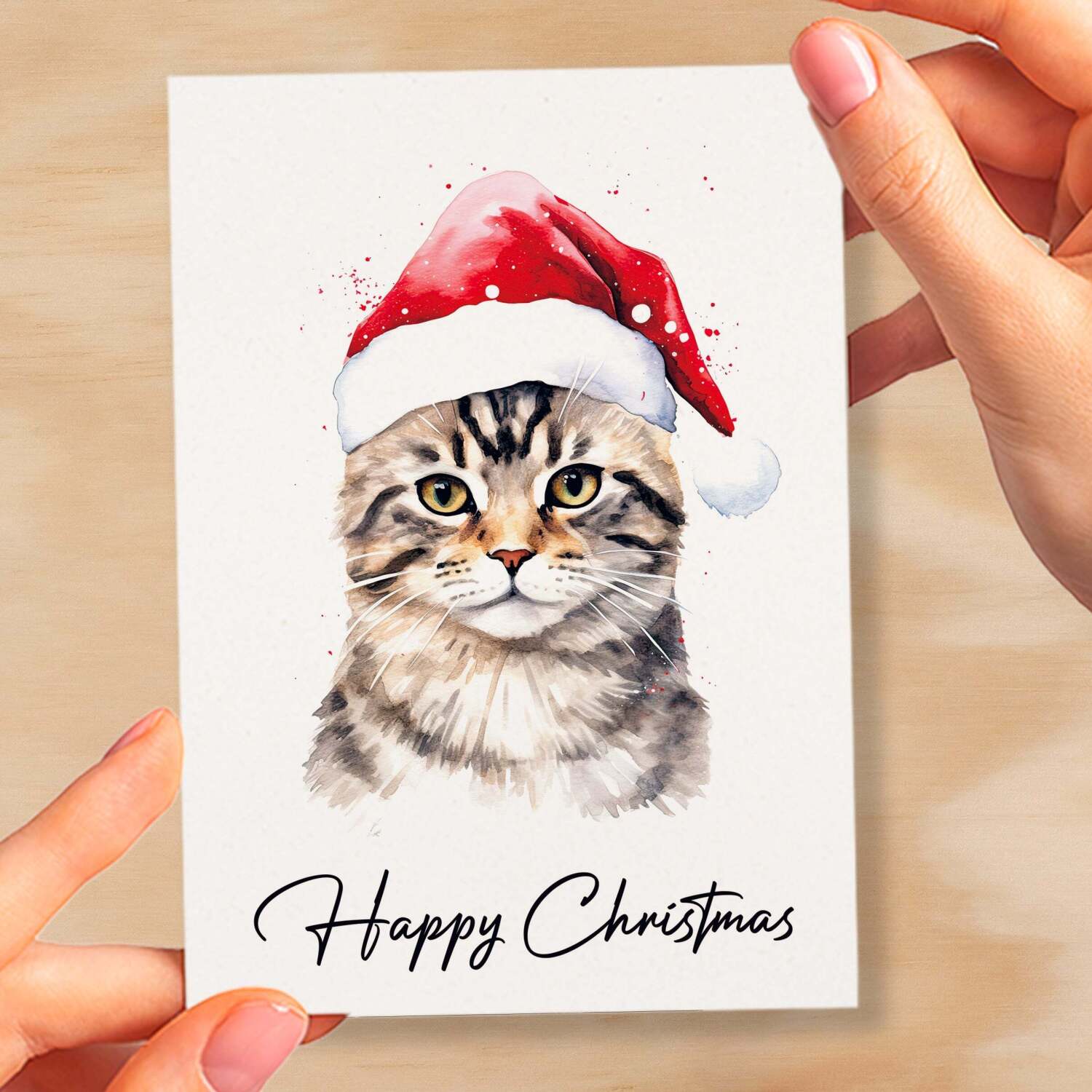 Cat Christmas Card Featuring A Tabby Cat Wearing a Santa Hat Fun Christmas Card For Him or Her Christmas Card For Anyone Christmas Gift - Small (4x6) / Blank Message