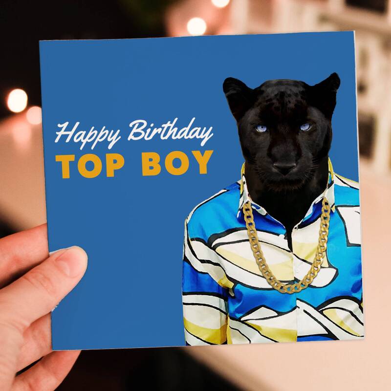 Happy Birthday Top Boy panther animal in clothes card for boyfriend, husband, male, brother (Animalyser) Size A6/A5/A4/Square - A6: Single card